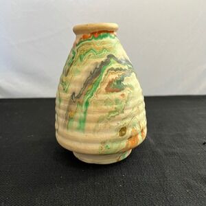 Vintage Nemadji Pottery Marbled Swirl Bud Vase Green Orange Ribbed USA 6 Inch